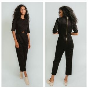 Madri Collection Mama Breastfeeding Friendly Crossover Jumpsuit Black Seersucker
